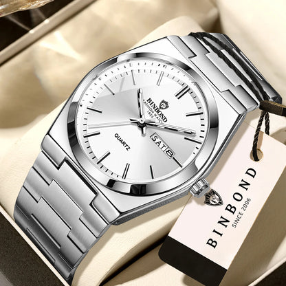Reloj de pulsera de cuarzo de lujo BINBOND, luminiscente, resistente al agua, con indicación del día de la semana y fecha automática, correa de acero, estilo ejecutivo, deportivo, moderno y desenfadado.