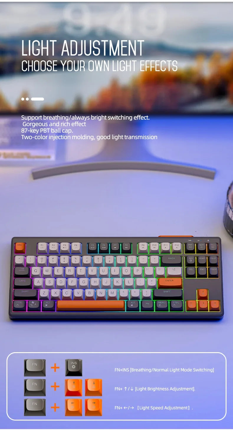 Tastiera M87 wireless Bluetooth dual mode, sensazione meccanica, gaming e ufficio silenziosa, copritasti sferici in PBT, illuminazione arcobaleno