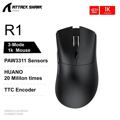 Attack Shark X11&R1 -kolmitilainen Bluetooth-langaton hiiri latausalustalla, RGB-valaistus, ergonominen ja kevyt PC-pelitarvike