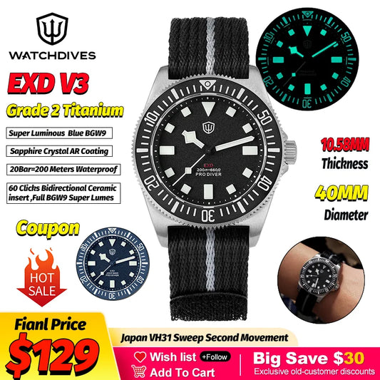 Watchdives EXD 40Mm Titanium Dive Watch Men's VH31 Sweep Quartz Watches 200 Waterproof AR Sapphire BGW9 Luminous 316L Wristwatch