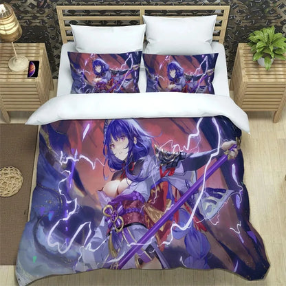 Conjunto de cama Anime Genshin Impact para rapaz e rapariga, tamanhos Twin e Queen, capa de edredão e fronha, roupa de cama moderna para crianças e adultos, têxtil-lar