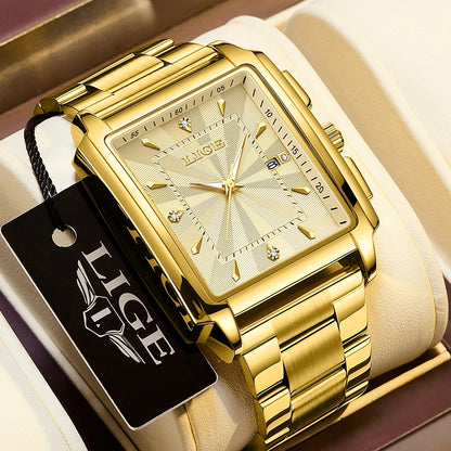 Reloj para hombre LIGE: estilo militar y moderno, caja cuadrada, cronógrafo de cuarzo, resistente al agua, marca de lujo