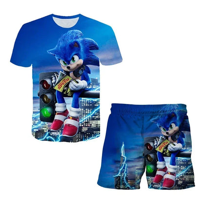Sonic The Hedgehog Top Fashion 3D Anime Children's T-shirt Set Short Sleeve + Shorts Two-piece Set Girls Boys Cosplay Costume