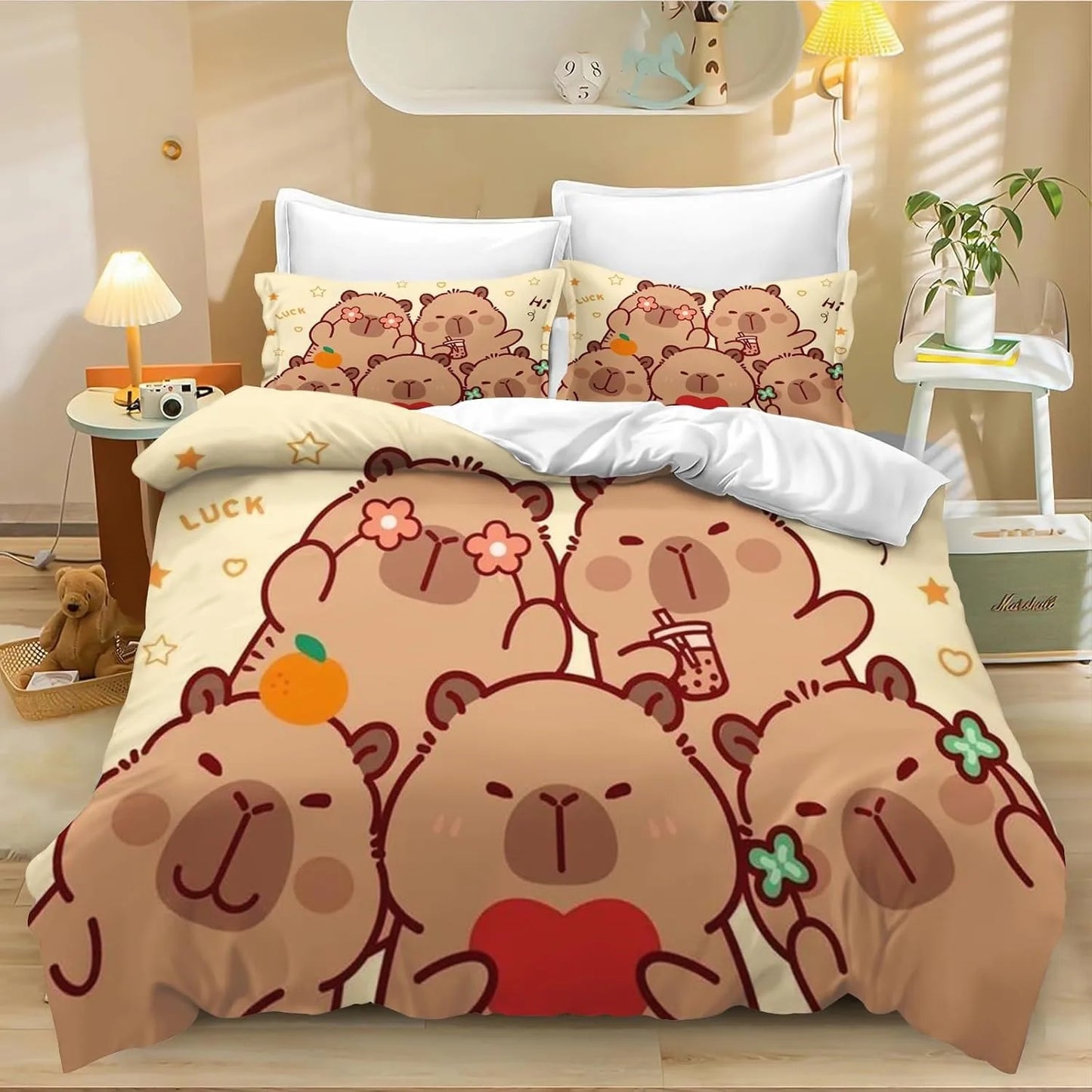Juego de cama de carpincho de dibujos animados de 4 piezas, funda nórdica y funda de almohada, para adultos, niños y niñas, decoración de dormitorio infantil, tamaño individual y doble