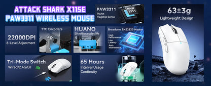 Mouse gaming wireless ATTACK SHARK X11SE, tri-mode, superleggero 63g con sensore PAW3311, 22000 DPI, batteria 300mAh, doppio driver