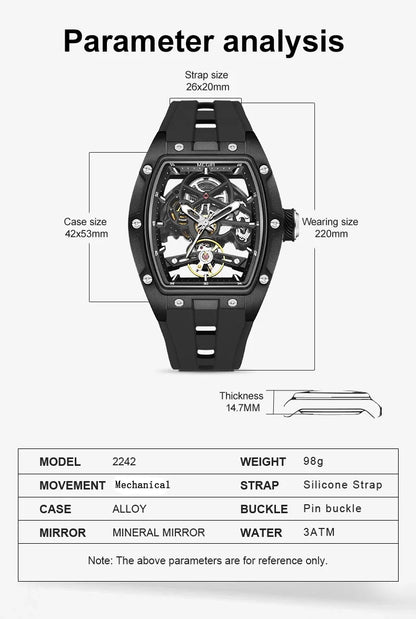MEGIR MG-2242G Men’s Automatic Mechanical Watch  Skeleton Barrel Case, Luminous Hands & Silicone Strap