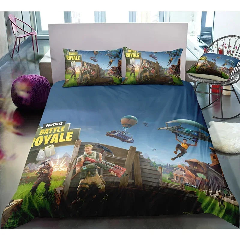 Fortnite-Bettwäsche-Set, Bettbezug, 3-teilig, 3D-bedruckte Schlafzimmer-Bettwäsche, Game-Anime-Cartoon-Kissenbezug, Zimmerdekoration, Geschenk