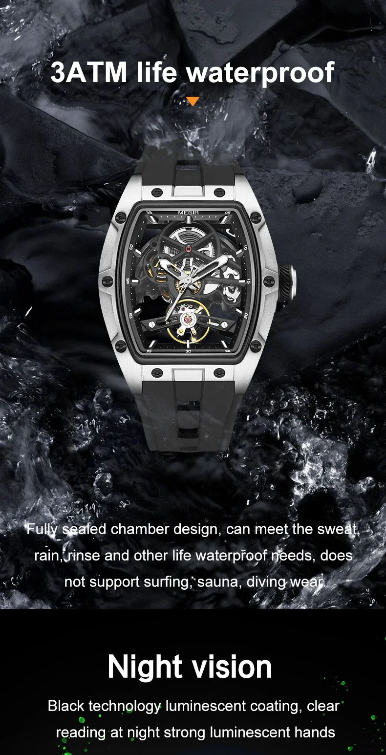 MEGIR MG-2242G Men’s Automatic Mechanical Watch  Skeleton Barrel Case, Luminous Hands & Silicone Strap