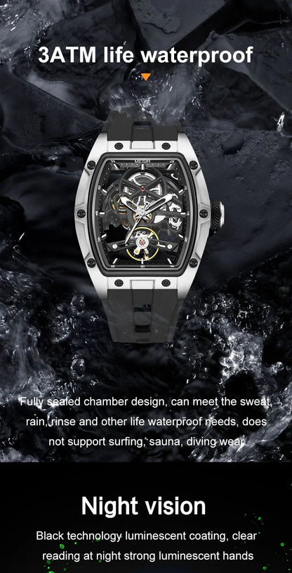 MEGIR MG-2242G Men’s Automatic Mechanical Watch  Skeleton Barrel Case, Luminous Hands & Silicone Strap