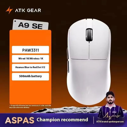 ATK A9 bezdrôtová herná myš s technológiou NearLink, ergonomická PAW3395, trojrežimová Bluetooth myš s nízkou latenciou pre e-šport a PC