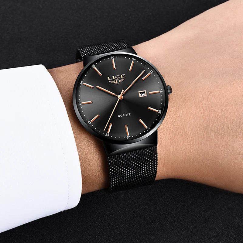 Muški sat LIGE, elegantan i luksuzan model, ultra-tank, vodootporan, s mrežastim remenom, kvarcnim mehanizmom, prikazom datuma i kalendara – idealan za profesionalni izgled.
