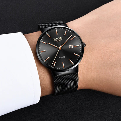 Muški sat LIGE, elegantan i luksuzan model, ultra-tank, vodootporan, s mrežastim remenom, kvarcnim mehanizmom, prikazom datuma i kalendara – idealan za profesionalni izgled.