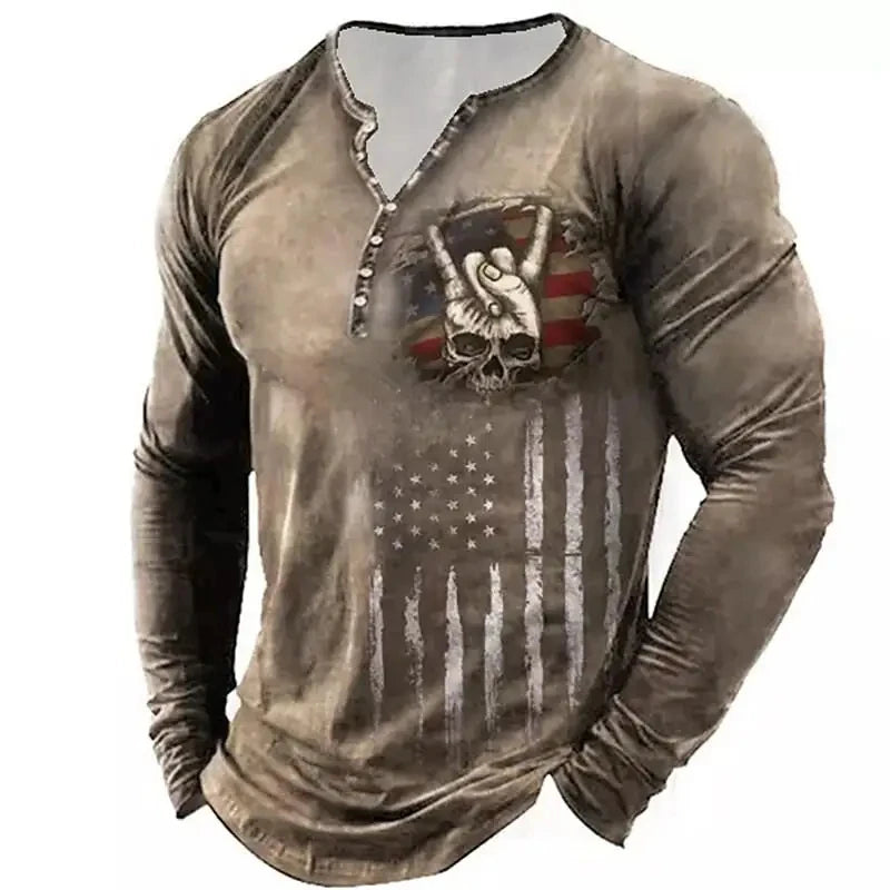 Autumn Skull Henley Shirt 3D Print Streetwear Men's Fashion Vintage Long Sleeve Button T Shirt Men's T Shirt Tops Clothing