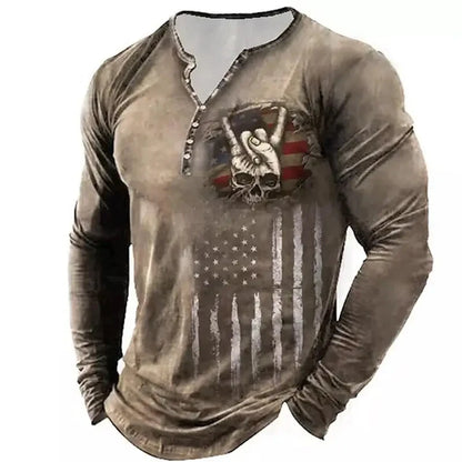 Autumn Skull Henley Shirt 3D Print Streetwear Men's Fashion Vintage Long Sleeve Button T Shirt Men's T Shirt Tops Clothing