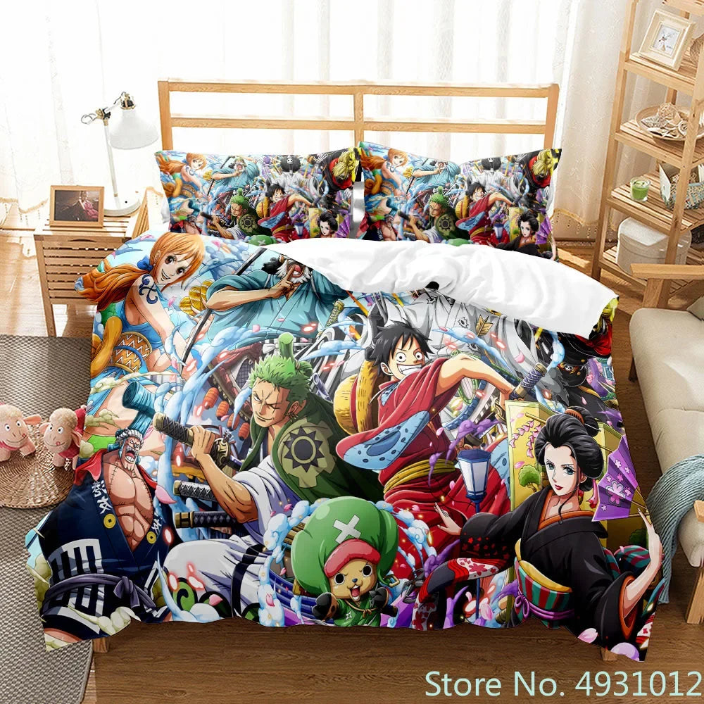 One Piece Luffy Boy 3pcs Bedding Set Quilt Cartoon Duvet Cover Pillowcase Bedclothes Children Kids Boy Bed Bedroom Set