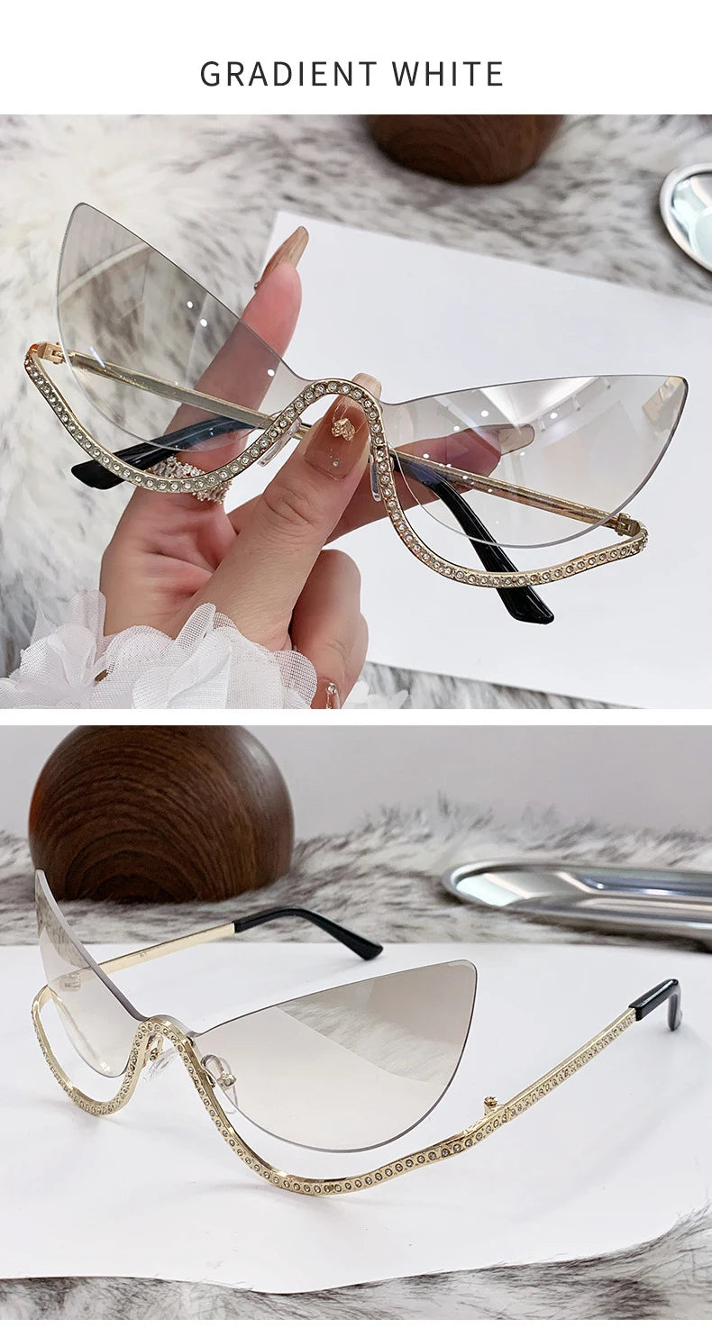 Sexy Cat Eye Rimless Sunglasses Women 2026 Luxury Brand Trendy Rhinestone Sun Glasses Punk Metal Frame Eyewear Outdoor Shades