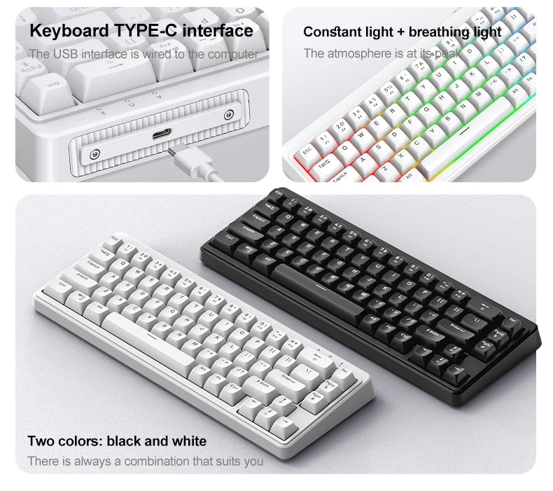FREEWOLF M68SE Tastatur mit mechanischem Tippgefühl, 68 Tasten, Mini, kabelgebunden, kompakt und leise, für Laptops, Gaming und Bürogebrauch