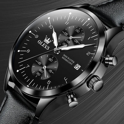 OLEVS 2880 herenhorloge – Elegante en strakke chronograaf, leren band, automatische datumweergave, waterdicht, lichtgevende wijzers, quartz uurwerk.