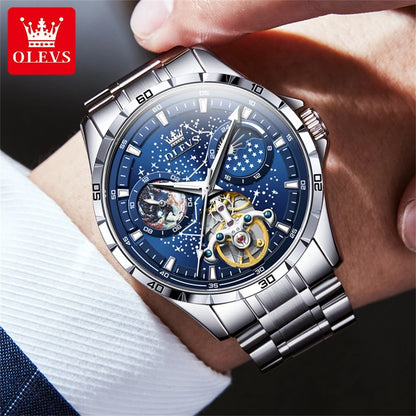OLEVS Men’s Flywheel Skeleton Automatic Watch Starry Sky Dial, Luminous Mechanical Movement & Waterproof Business Wristwatch