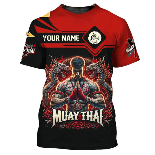 Upea uusi miesten Muay Thai -graafinen T-paita, 3D-printti, tiikeri- ja lohikäärmegrafiikka, persoonallinen mukautettava nimipaita, kesäinen kuntosali- ja fitness-T-paita