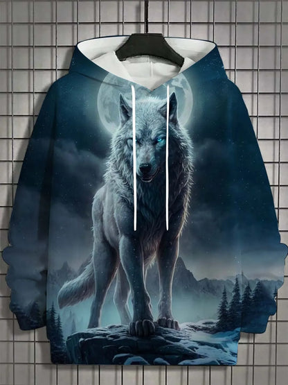 European and American men's autumn fashion wolf print soft and comfortable hooded sweatshirt outdoor urban high street clothing