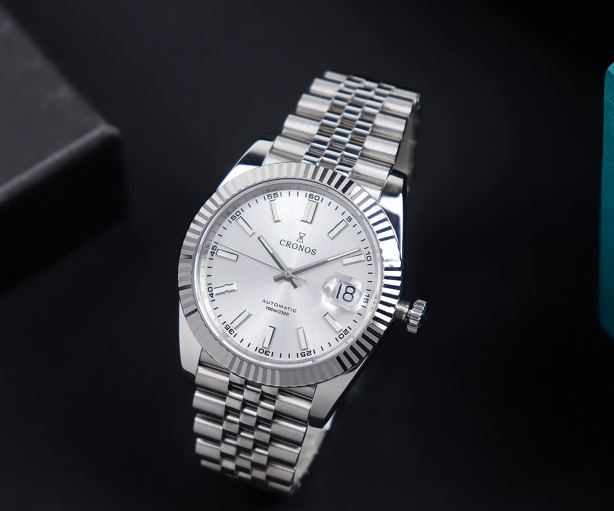 Cronos DateJ Luxury Men's Watch, Stainless Steel 5 Links Bracelet, PT5000 Miyota 9015, 100m Water Resistant, Sapphire