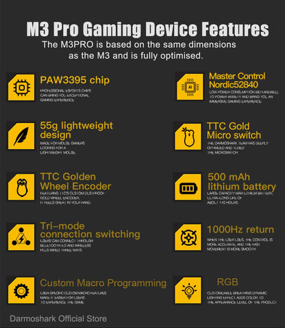 Rato Gaming Darmoshark M3Pro 2.4G BT sem fios Tri-Mode, sensor PAW3395, N52840, 26000DPI, rato com driver macro para mãos grandes e gaming
