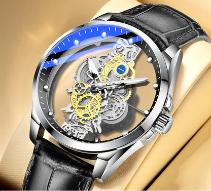 Montre tendance pour homme, modèle à double ouverture, style luxe doré, imitation tourbillon mécanique, mouvement à quartz.