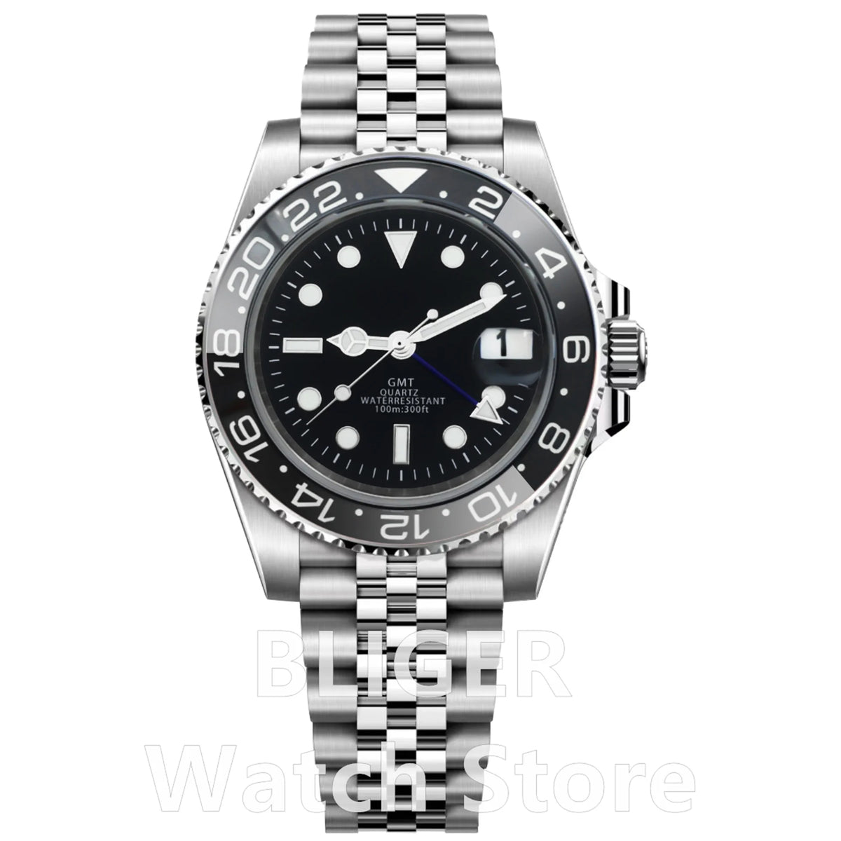 BLIGER 40mm 515 24H GMT Men's Watch Stainless Steel Clasp Luminous Quartz Movement Ceramic Bezel Sapphire Glass 10Bar Waterproof