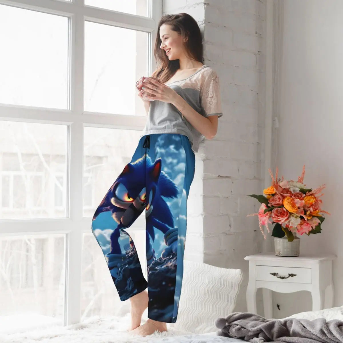 Custom Women Soniced Pajama Pants Printed Hedgehog Game Sleep Sleepwear Bottoms with Pockets