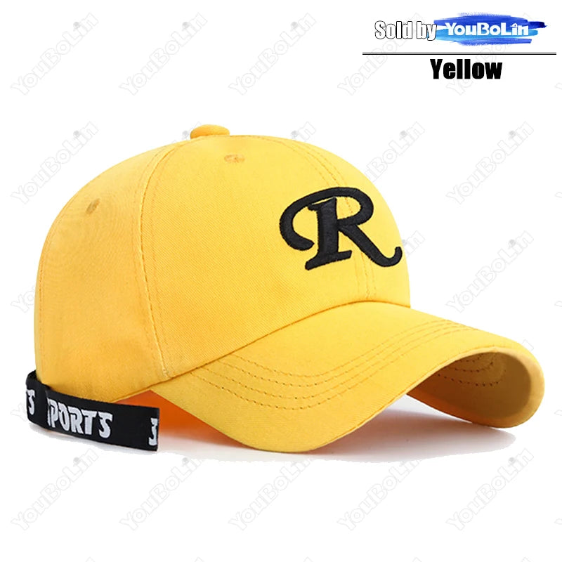 Casquette de baseball à visière rigide ajustable en coton brodé avec ruban en forme de lettre « R », casquette de soleil, casquette de camionneur, casquette hip-hop