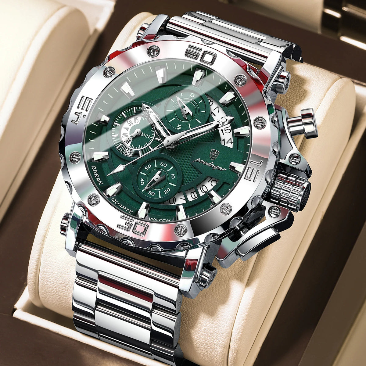 Luxusní pánské hodinky POEDAGAR, s luminiscenčními ručičkami, vodotěsné, chronograf, datum, nerezová ocel, quartz, Reloj