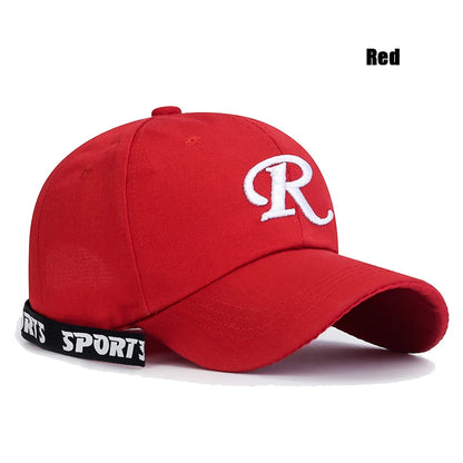 Casquette de baseball à visière rigide ajustable en coton brodé avec ruban en forme de lettre « R », casquette de soleil, casquette de camionneur, casquette hip-hop