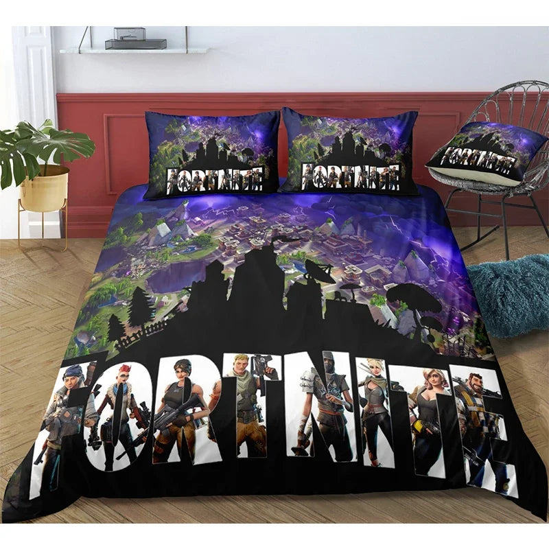 Fortnite-Bettwäsche-Set, Bettbezug, 3-teilig, 3D-bedruckte Schlafzimmer-Bettwäsche, Game-Anime-Cartoon-Kissenbezug, Zimmerdekoration, Geschenk