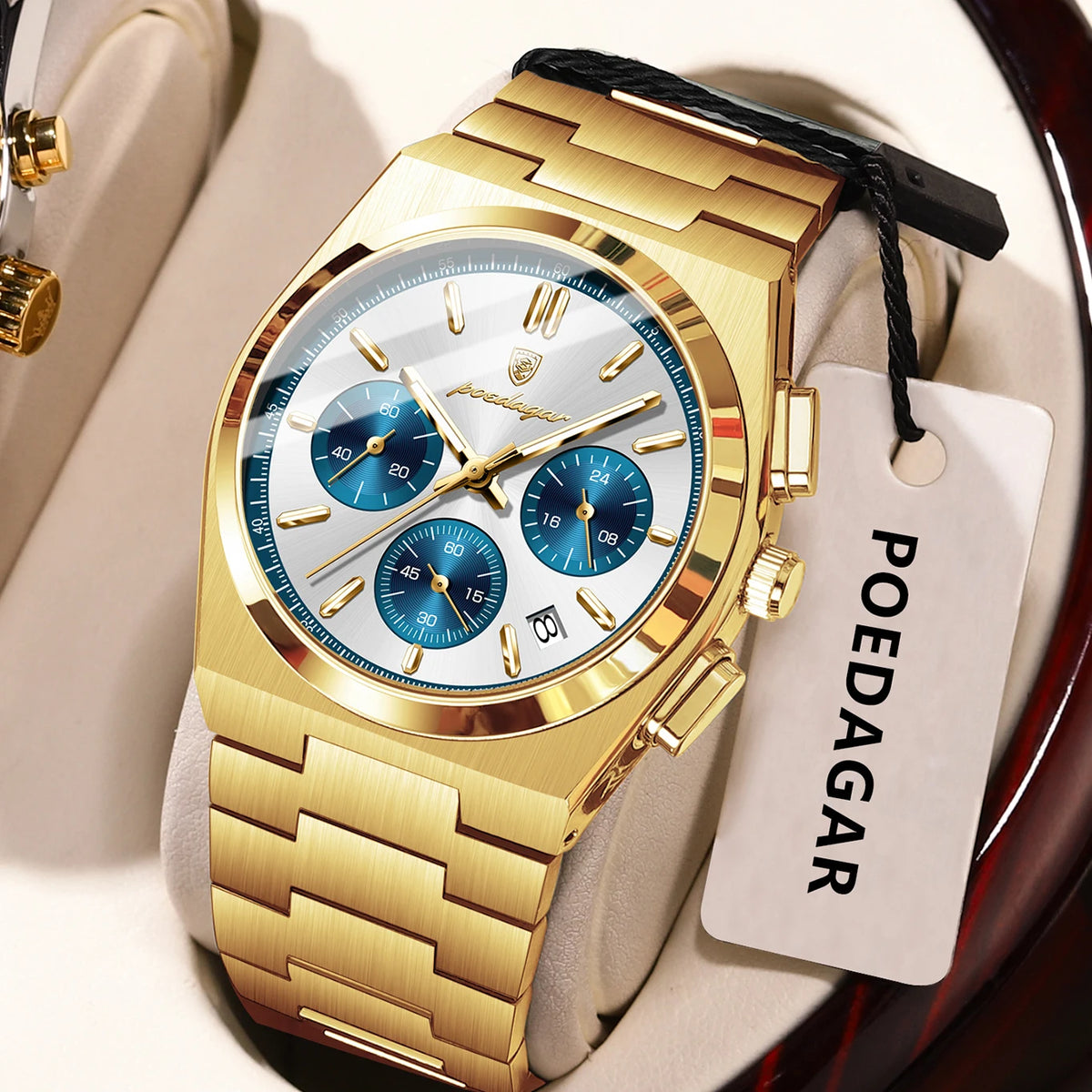 POEDAGAR herenhorloge – Luxe chronograaf van roestvrij staal, met datum, waterdicht en lichtgevend – Sportief quartz-polshorloge