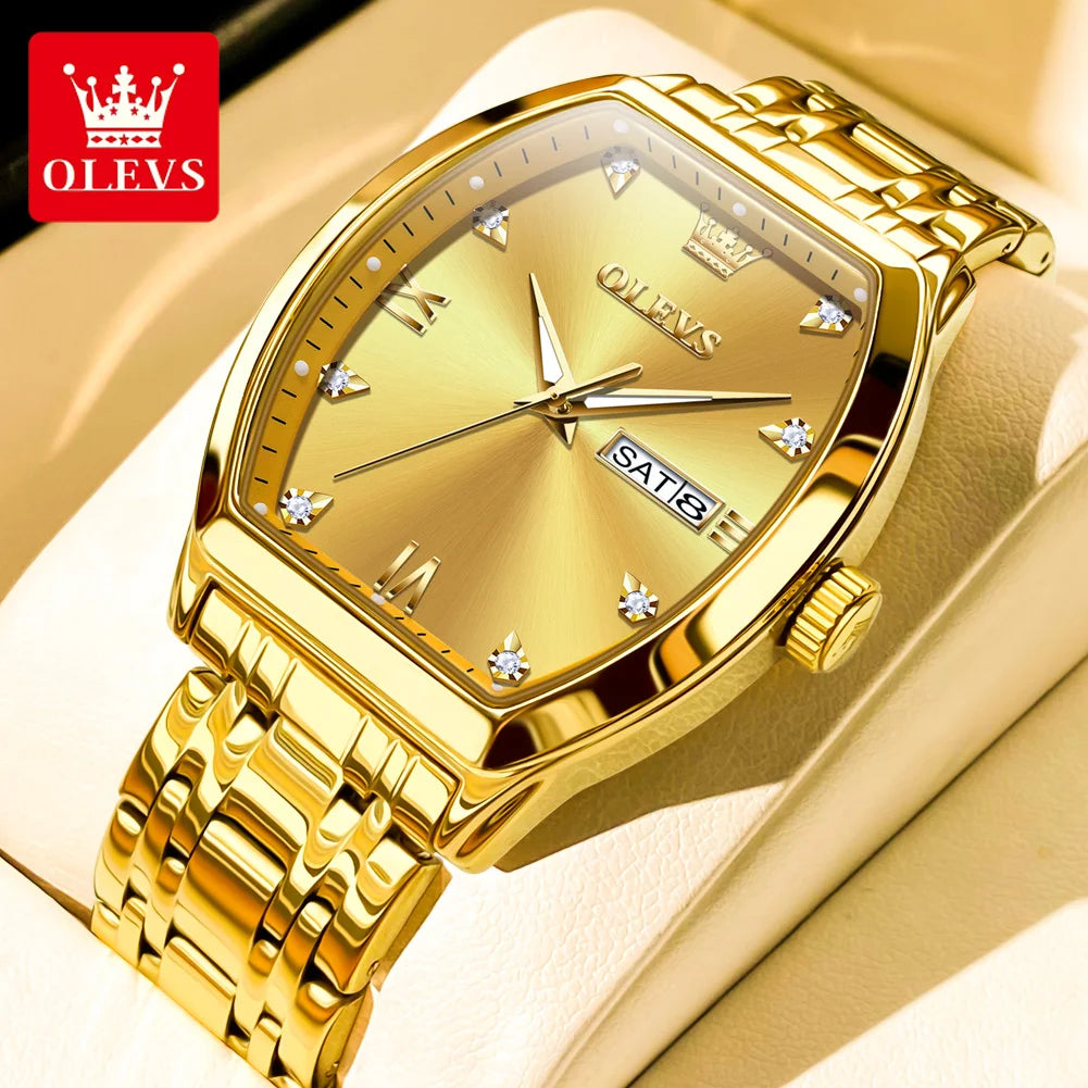 Reloj para hombre OLEVS, modelo de lujo con forma de barril, reloj de cuarzo de una marca de prestigio, resistente al agua, con indicador de día y fecha, y agujas luminiscentes.