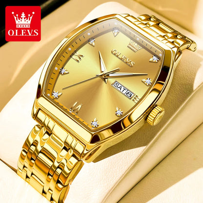 Reloj para hombre OLEVS, modelo de lujo con forma de barril, reloj de cuarzo de una marca de prestigio, resistente al agua, con indicador de día y fecha, y agujas luminiscentes.