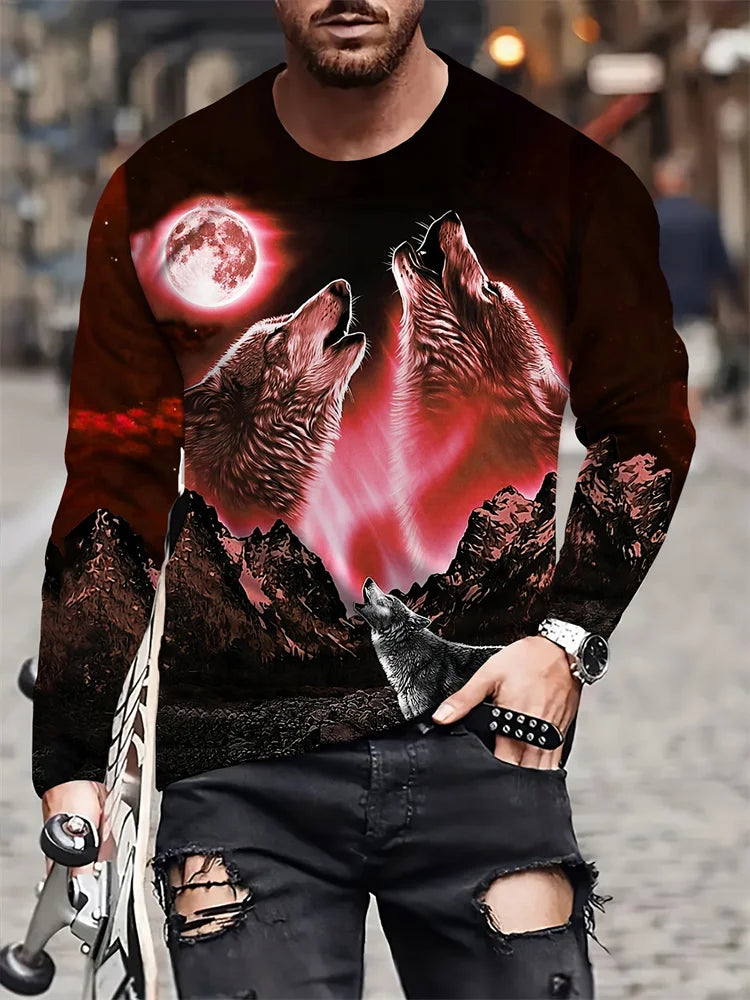 2024 New Wolf Print Men's Long Sleeve T-shirt Spring And Autumn Men's Daily Casual Shirt Street Fashion Men's Long Sleeve T-shir