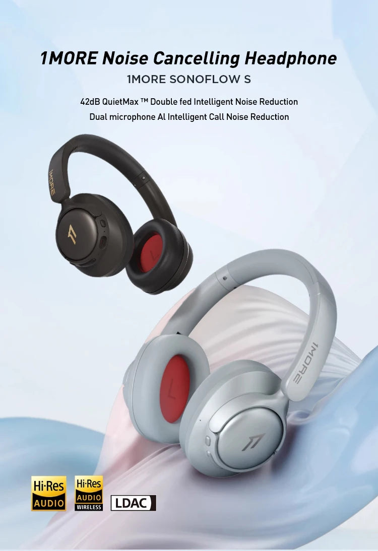 Auriculares inalámbricos Bluetooth con cancelación de ruido 1MORE SonoFlow S, ANC de 42dB, audio Hi-Res, autonomía de 90H, diseño supraaural