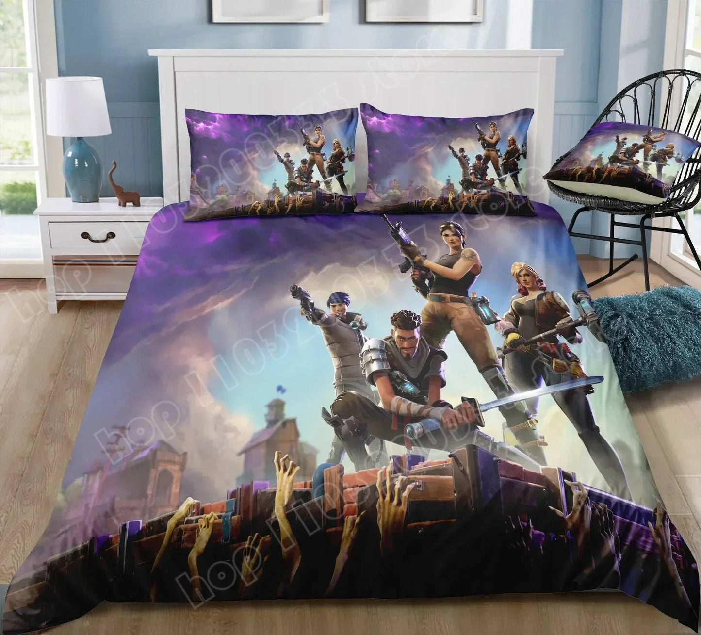 Fortnite-Bettwäsche-Set, Bettbezug, 3-teilig, 3D-bedruckte Schlafzimmer-Bettwäsche, Game-Anime-Cartoon-Kissenbezug, Zimmerdekoration, Geschenk