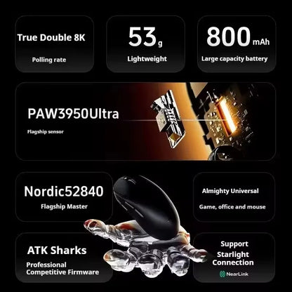 ATK A9 bezdrôtová herná myš s technológiou NearLink, ergonomická PAW3395, trojrežimová Bluetooth myš s nízkou latenciou pre e-šport a PC