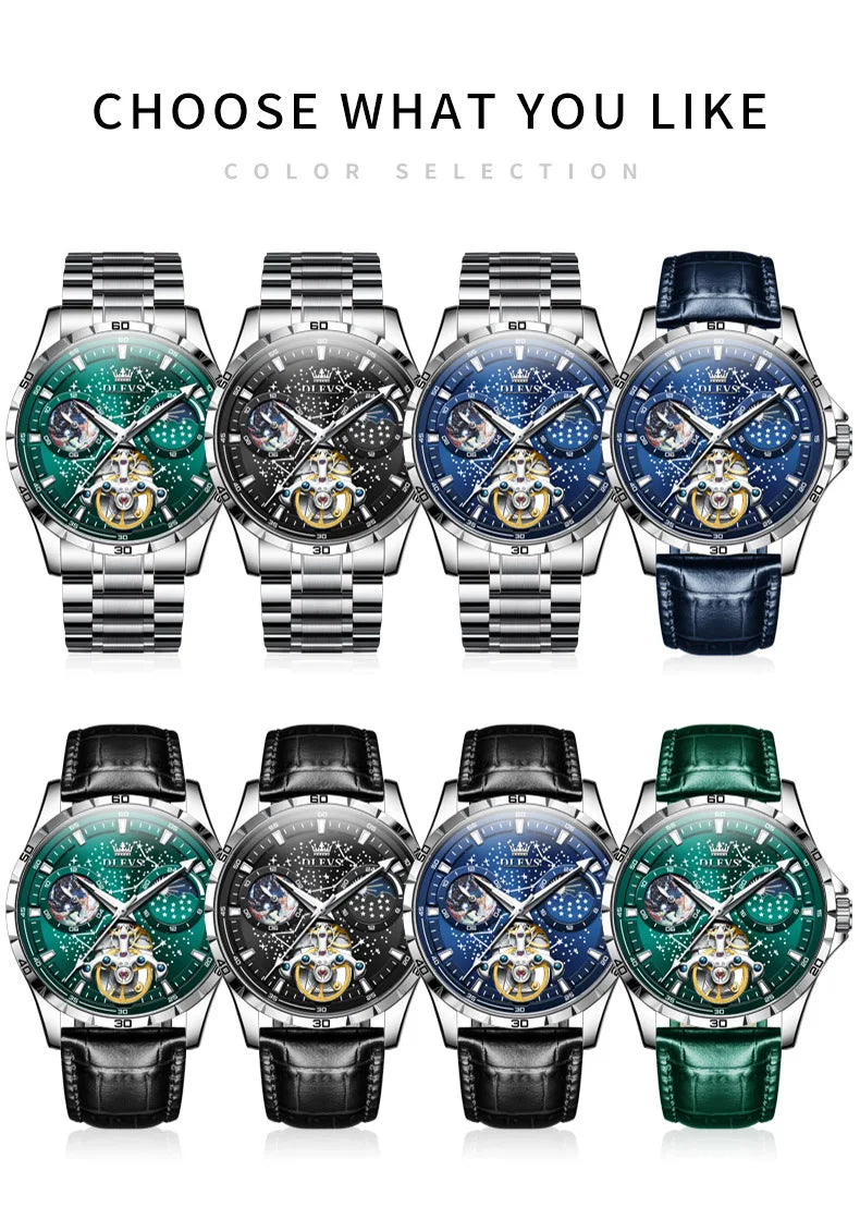 OLEVS Men’s Flywheel Skeleton Automatic Watch Starry Sky Dial, Luminous Mechanical Movement & Waterproof Business Wristwatch
