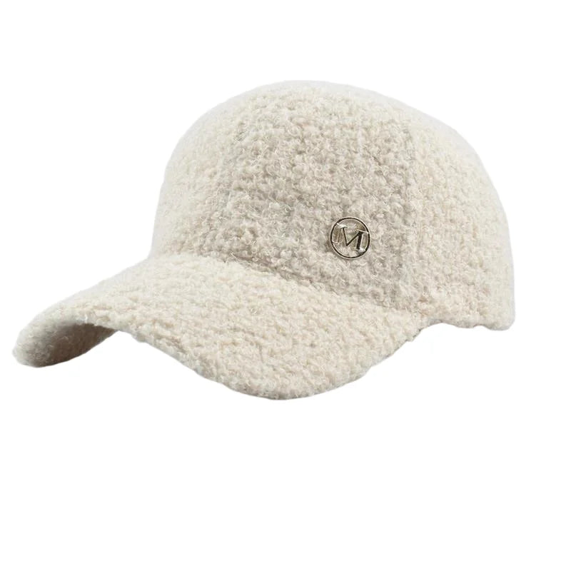 Winter Solid Color M-Label Lamb Wool Baseball Cap for Women, Outdoor Warm Casual Fashion Versatile Plush Duckbill Cap