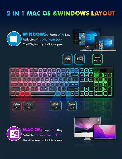 Kabellose Tastatur-Maus-Kombination mit RGB-Hintergrundbeleuchtung, wiederaufladbaren beleuchteten Tasten, Full-Size-Format, ergonomischem Design, Schlafmodus, 2.4GHz