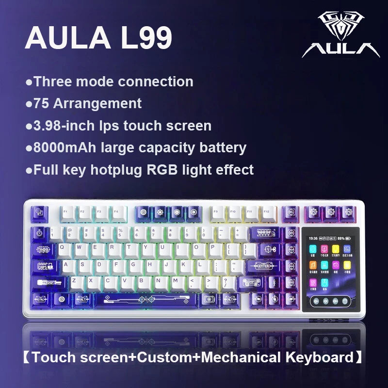 Tastiera meccanica AULA L99 con schermo intelligente, Bluetooth wireless tri-mode, per gaming notturno e laptop, 8000mAh, switch Raindrop