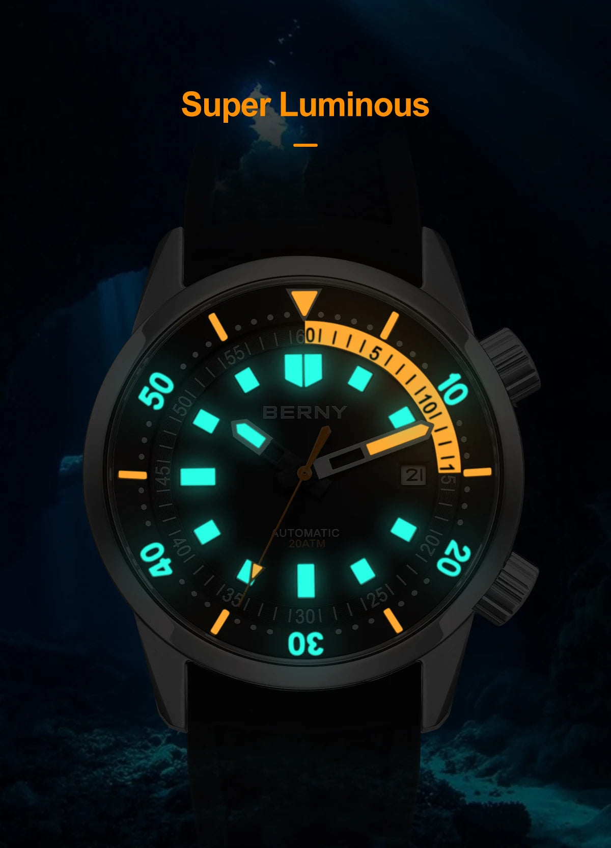 Relógio de mergulho BERNY para homem, automático mecânico, 200M impermeável, superluminoso, 42mm, safira, para natação e mergulho