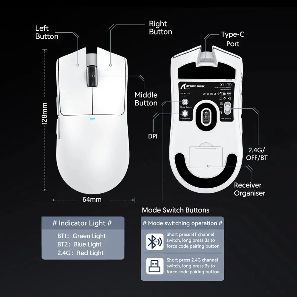 ATTACK SHARK X11SE ultralet trådløs gamingmus, 20Million cyklusser levetid, PAW3311 Gaming, 22KDPI, 400IPS, 40G, 1KHz, 65 timer, 30mAH