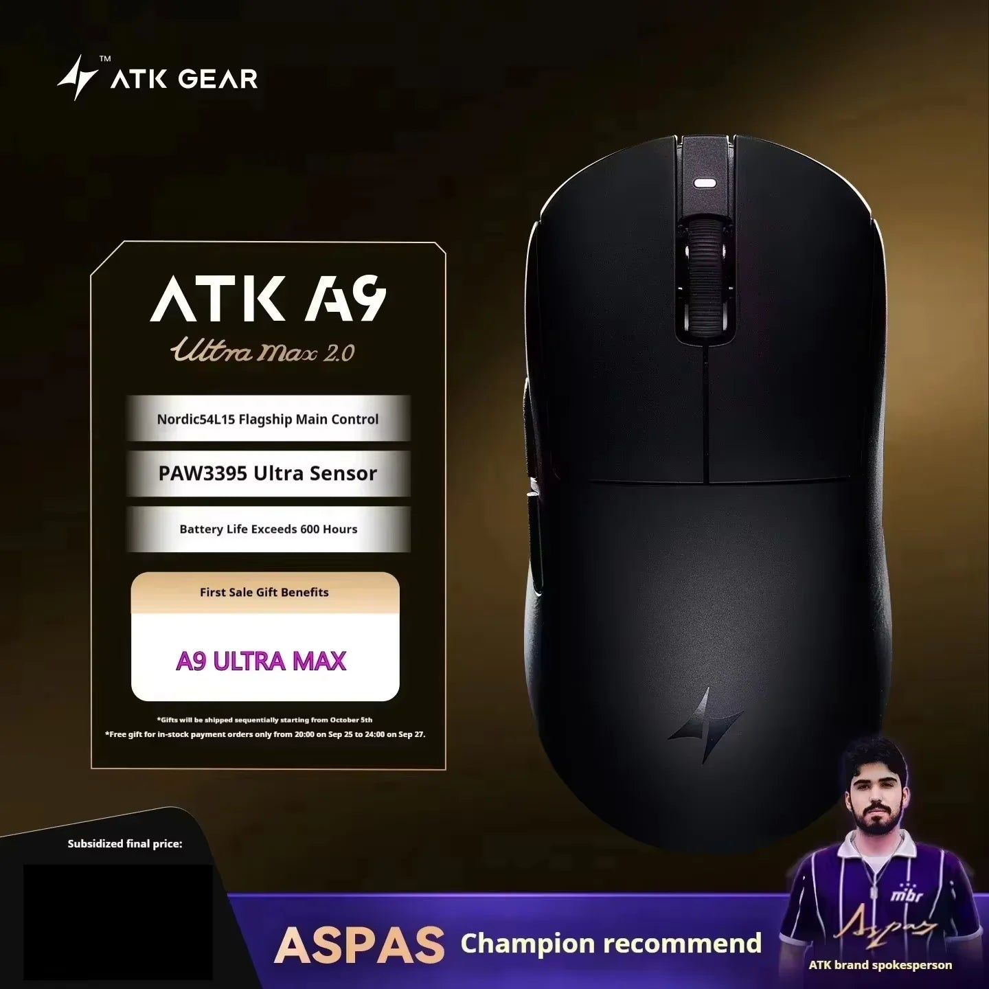 ATK A9 bezdrôtová herná myš s technológiou NearLink, ergonomická PAW3395, trojrežimová Bluetooth myš s nízkou latenciou pre e-šport a PC
