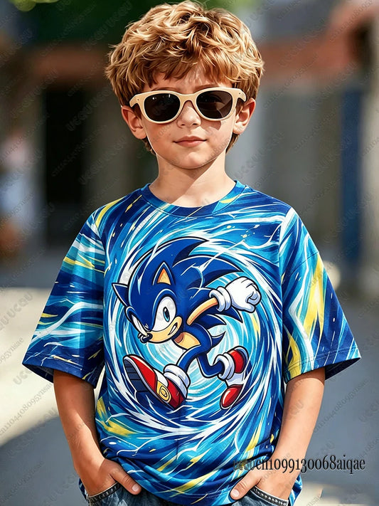 Cartoon Sonic Print Cosplay T-shirt For Adult/Kids Summer Boys Girls Cute Tshirts Casual Round Neck Street Clothing Sonic Tshirt
