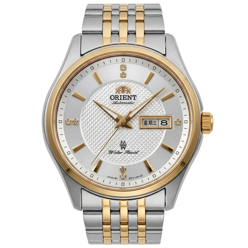 Mekanisk automatisk herrklocka från Orient, med dubbel kalender (datum och veckodag), kristallindex och armband i rostfritt stål – Armbandsur i affärsstil